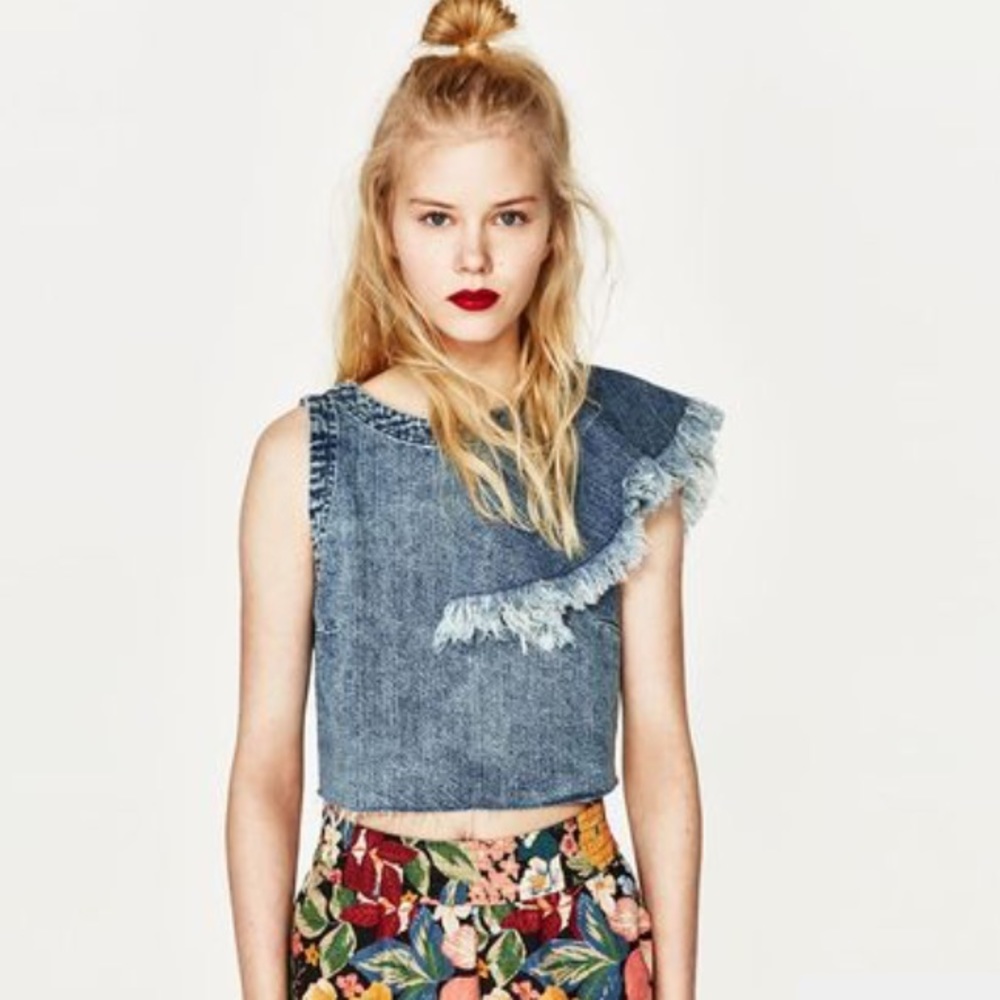 Zara denim crop top with ruffle shoulder